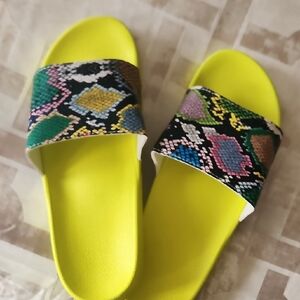 Women’s Bright Yellow Slide Sandals with Multicolor Snake-Print Strap